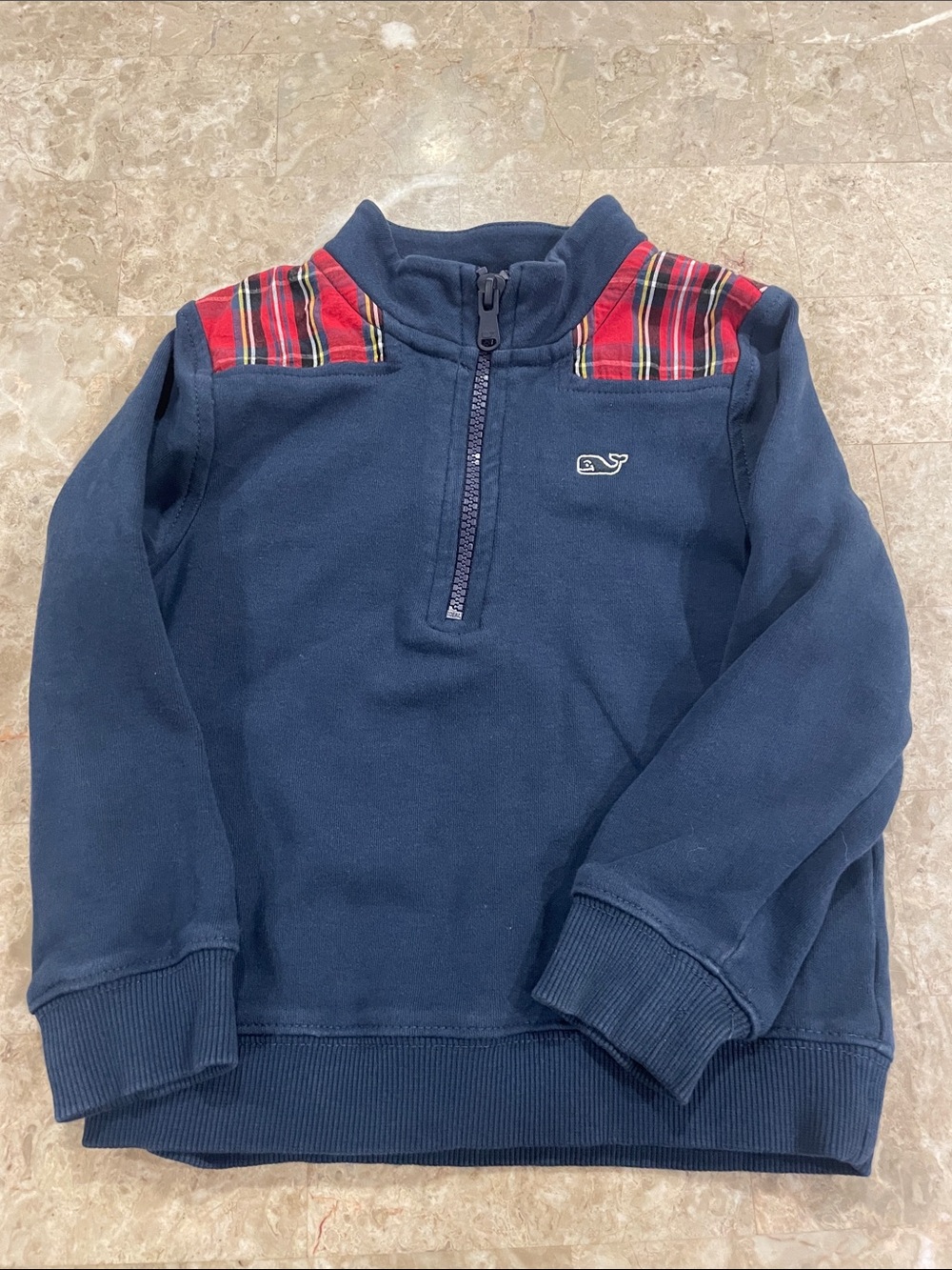 Vineyard Vines Cozy kids Navy Quarter-Zip Sweatshirt with Red Plaid